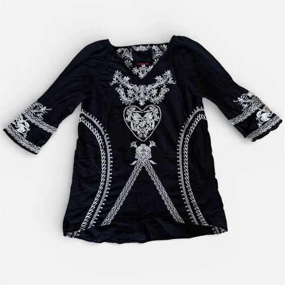 Johnny Was Black and White Embroidered Boho Tunic Blouse - Picture 3 of 14